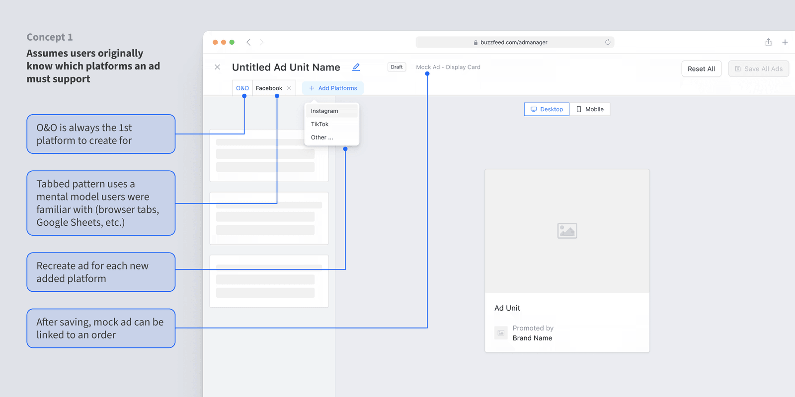 BuzzFeed Ad Manager Concept 1, tabbed ad creator, all platforms selected upfront, one tab per platform