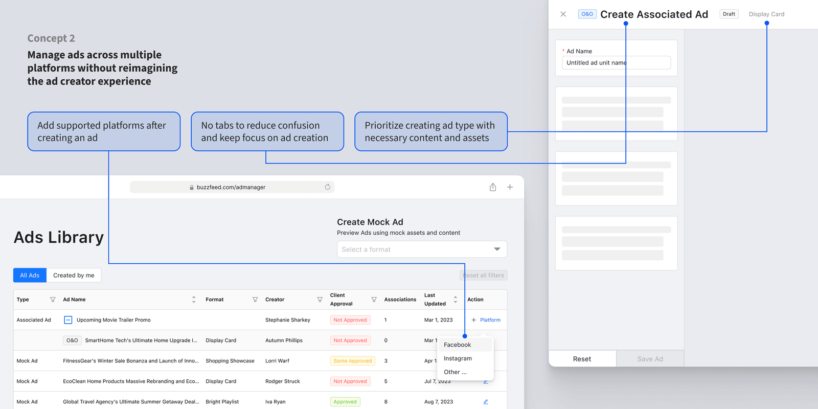 BuzzFeed Ad Manager Concept 2, linear guided ad creation flow, one platform per pass