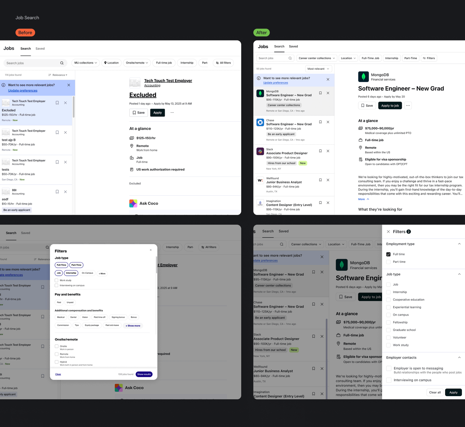 Handshake job search experience design and filtering - before and after