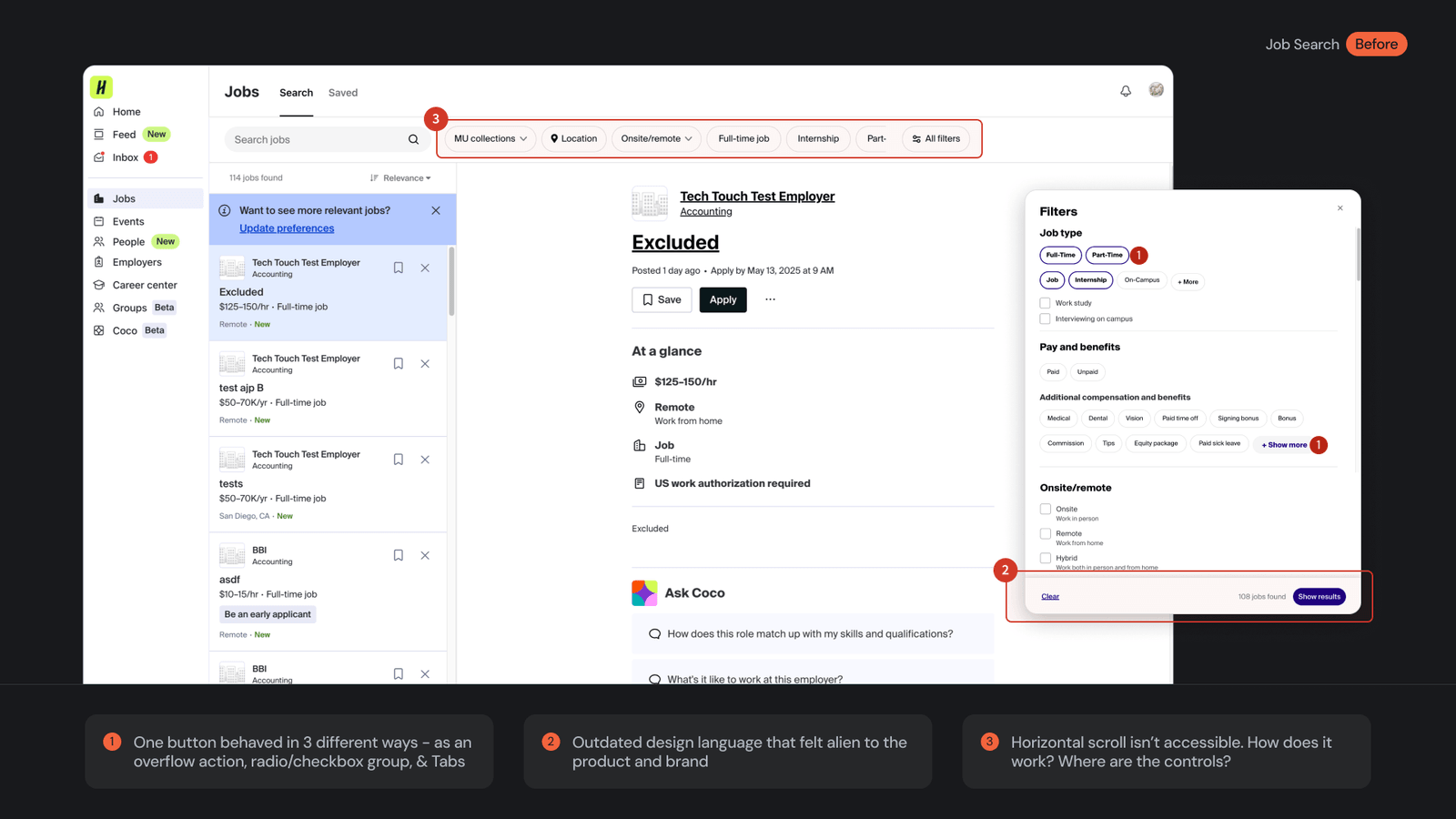 Legacy job search with key problems annotated