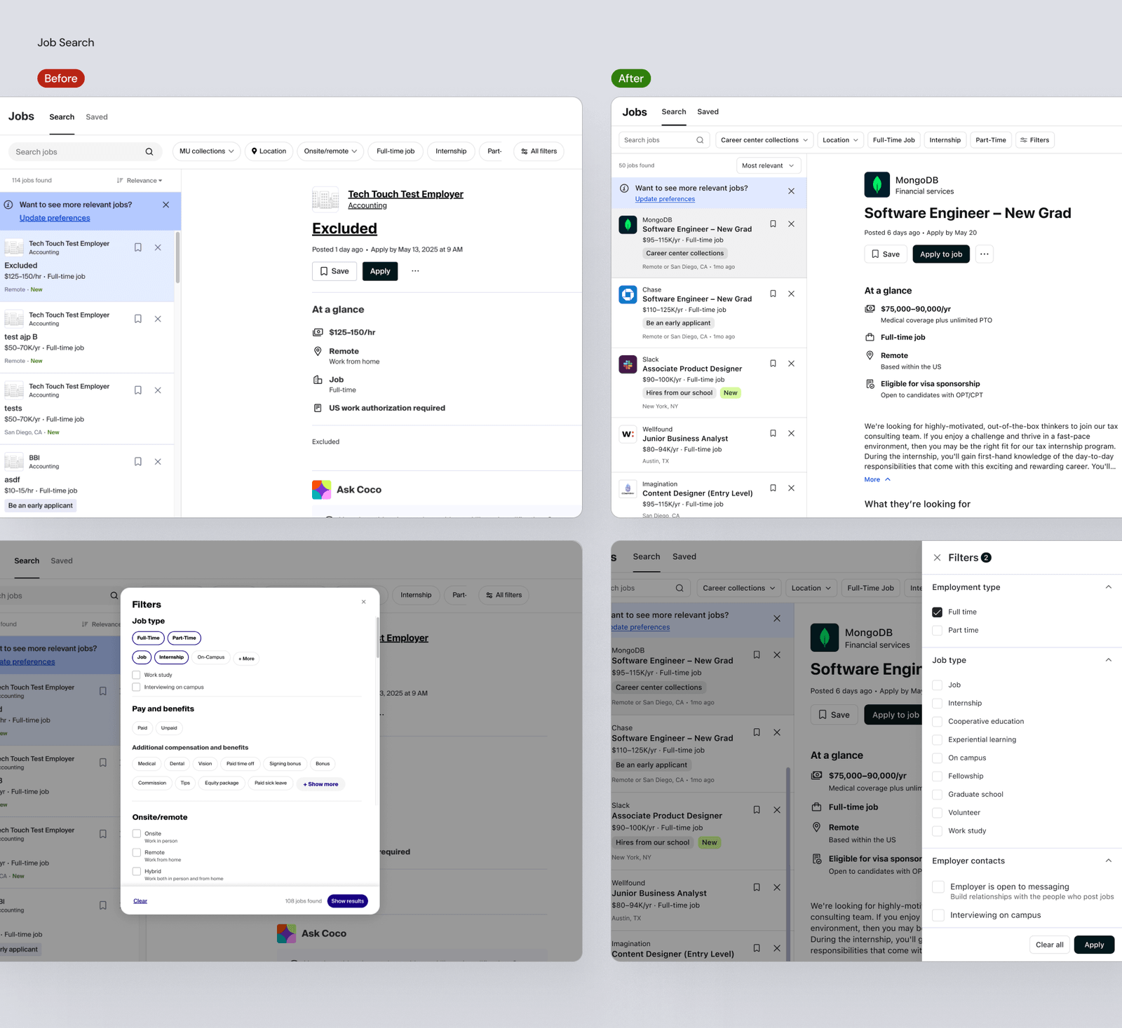 Handshake job search experience design and filtering - before and after