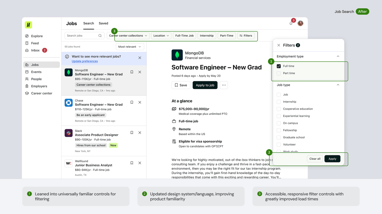 Improved design for Handshake's job search experience