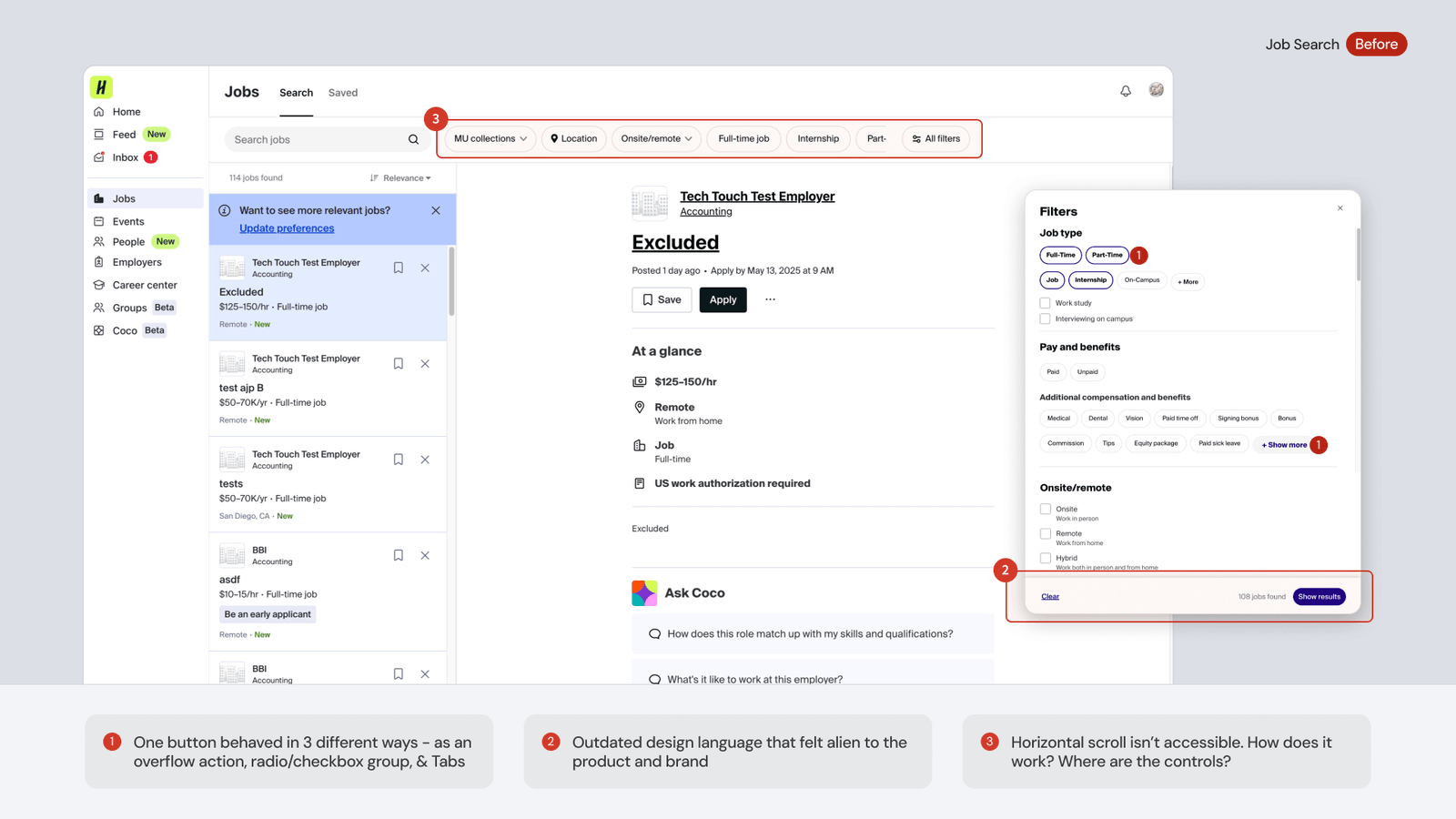 Legacy job search with key problems annotated