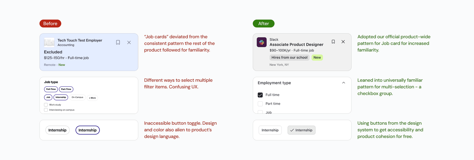 Outdated patterns made accessible, responsive and unified with the larger product's visual language via the design system