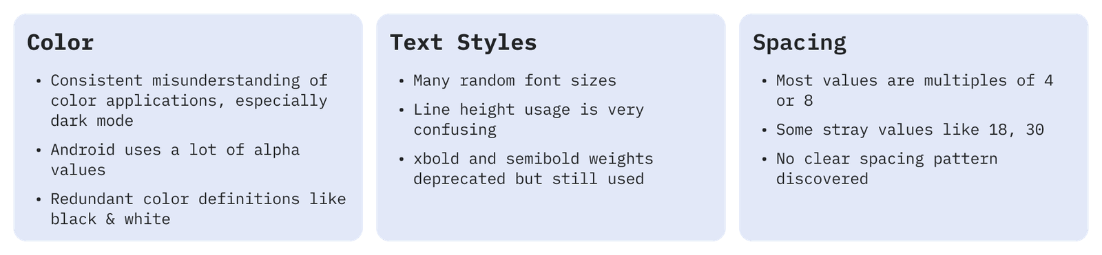design tokens - style inventory findings